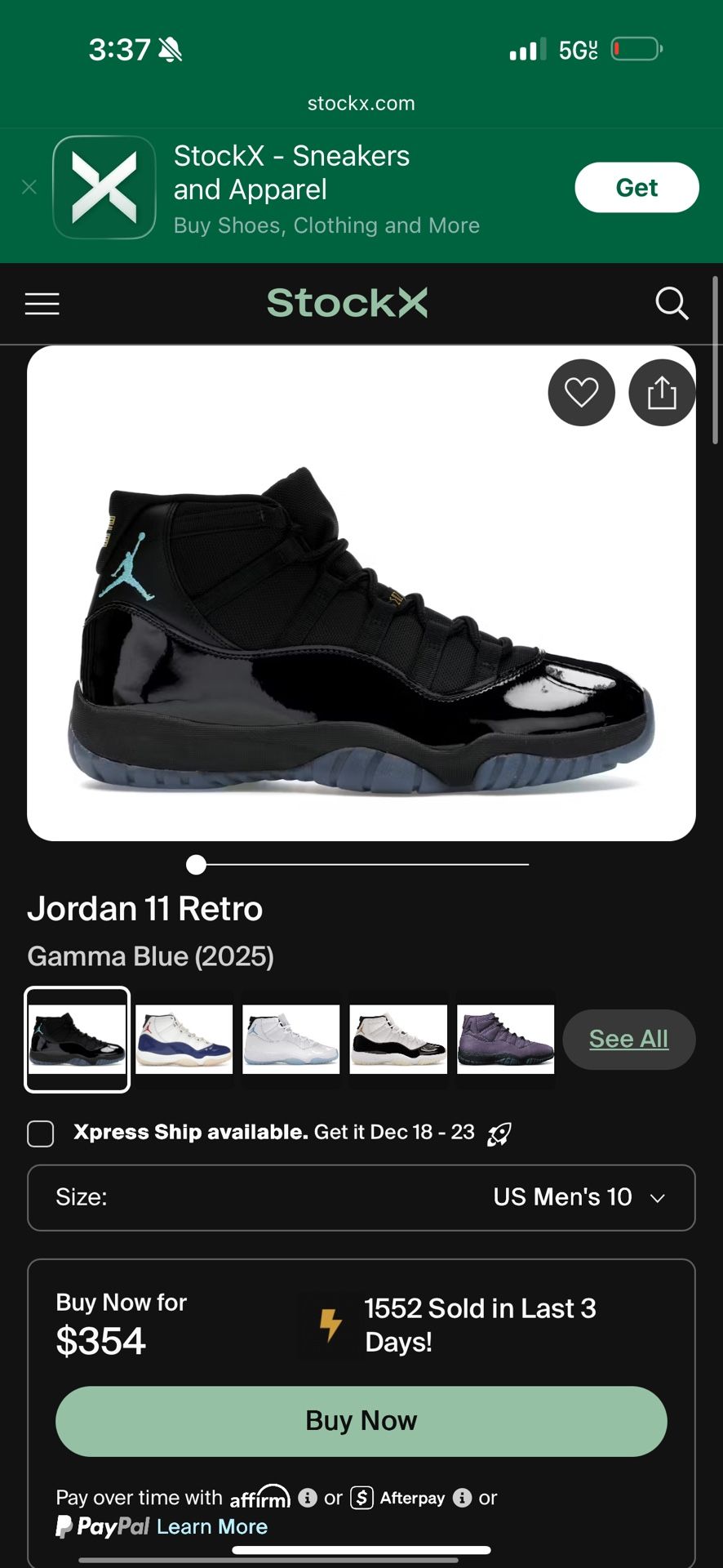 Jordan 11 Gamma Size 10