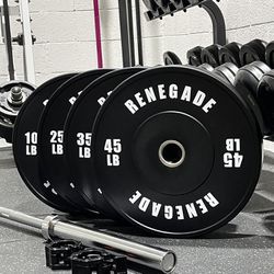 🔥BRAND NEW RENEGADE 230 POUND OLYMPIC BUMPER PLATE SET WITH CHROME CROSSFIT OLYMPIC BARBELL FREE DELIVERY$450