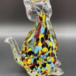 Art Glass Cat Figurine with Colorful Confetti In Clear Glass 