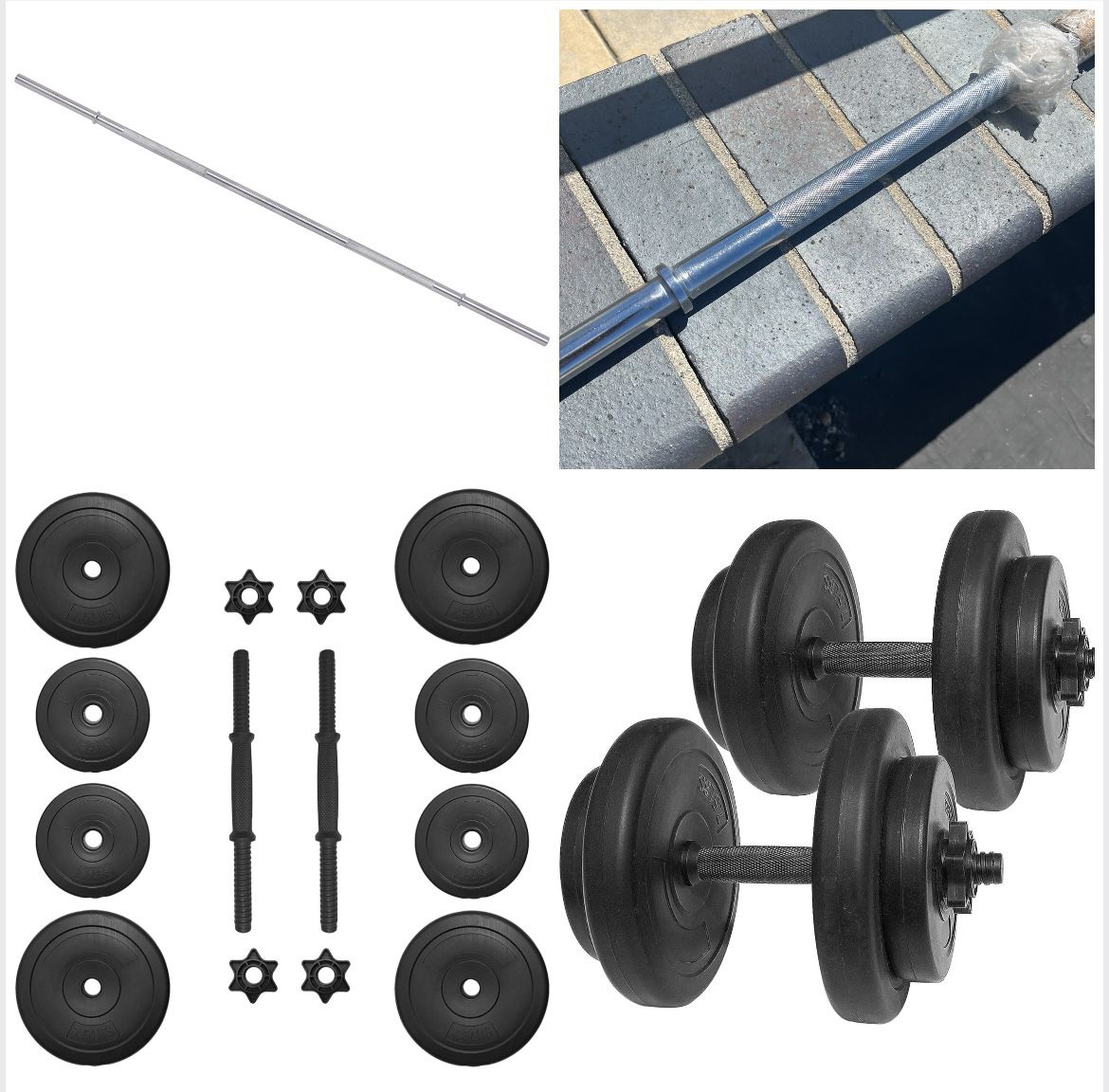 5ft. Standard 300lb capacity Barbell /2-20lb Adjustable Dumbbells With Spin Locks