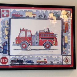 Kids Framed Firetruck Picture 21"x 17" Boys Room Decor 