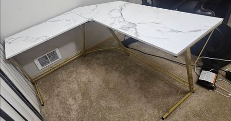 L-Shaped Desk with Marble Top and Gold Frame