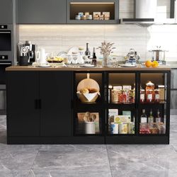 77.6" Modern Elegant Black Kitchen Island with 3 Drawers, Lights and Glass Doors