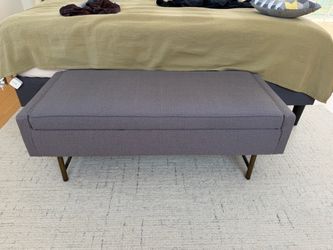 Upholstered Storage Bench — Gray Linen, Brass Legs
