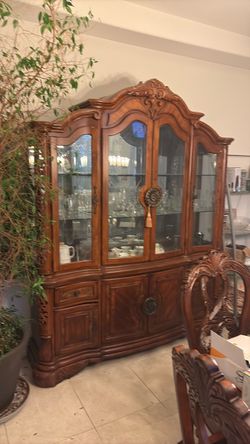 Large Ornate Wood China Cabinet Hutch