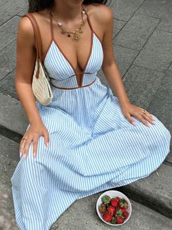 Blue Striped Maxi Dress with Brown Trim