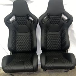 Black On Black Pair Of Universal Racing Seats Leather Stitched Asientos Universales Negros