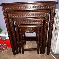 Beautiful Authentic Hand Carved Set Of Nest Tables