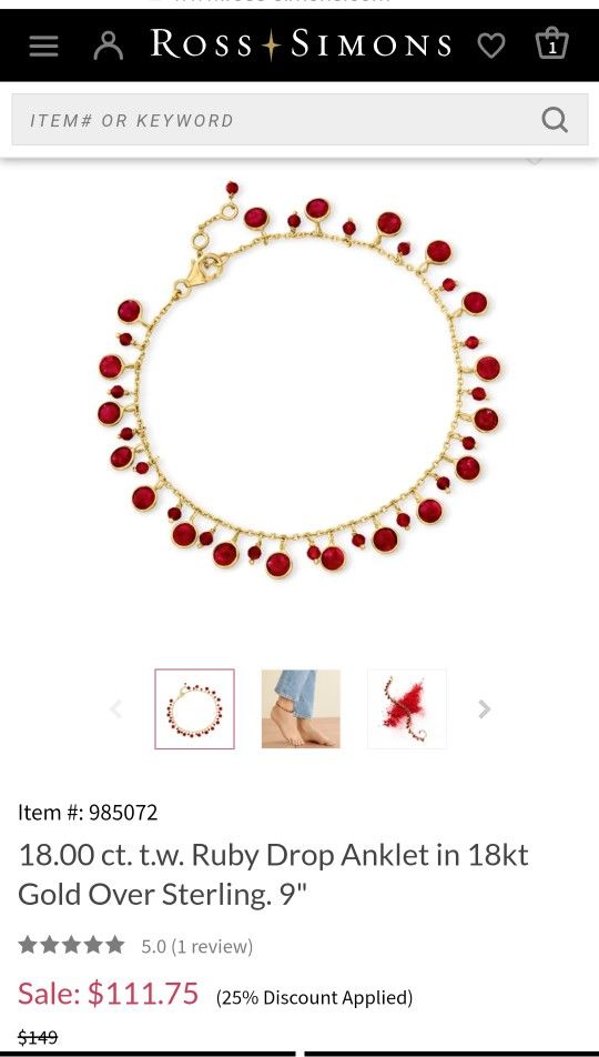 Ruby Drop Anklet 18kt Over Sterling Silver