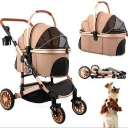 Pet Stroller, 4 Wheel, Removable Carrier Folding Travel Tan, 50 lb NEW