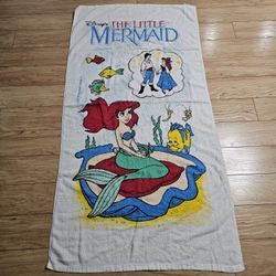 Vintage 90s Disney's The Little Mermaid Beach Towel Kids Bath Collectible Colorful Cartoon TV Movies **FLAW
