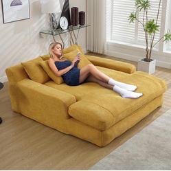 Oversized Chenille Chaise Longue Indoor, Comfy Upholstered Tufted Corduroy Single Sofa Leisure Chair with 3 Pillow, Deep Seat Reclining Wide Sleeper S