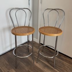 Pair of Vintage Chrome & Cane Bar Stools- 25” Seat Height