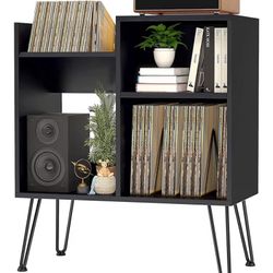 Black Record Player Stand & Vinyl Storage Shelves