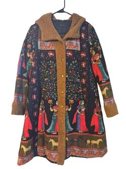 Floriday Quilted Horse Tree Coat With Multicolor Floral And Horse Print And Faux Fur Trim