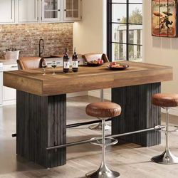 SL0037 63 in. Bistro Industrial Counter Height Pub Bar Table, Rectangular Bar Unit with Metal Footrest Home Kitchen Dining Room