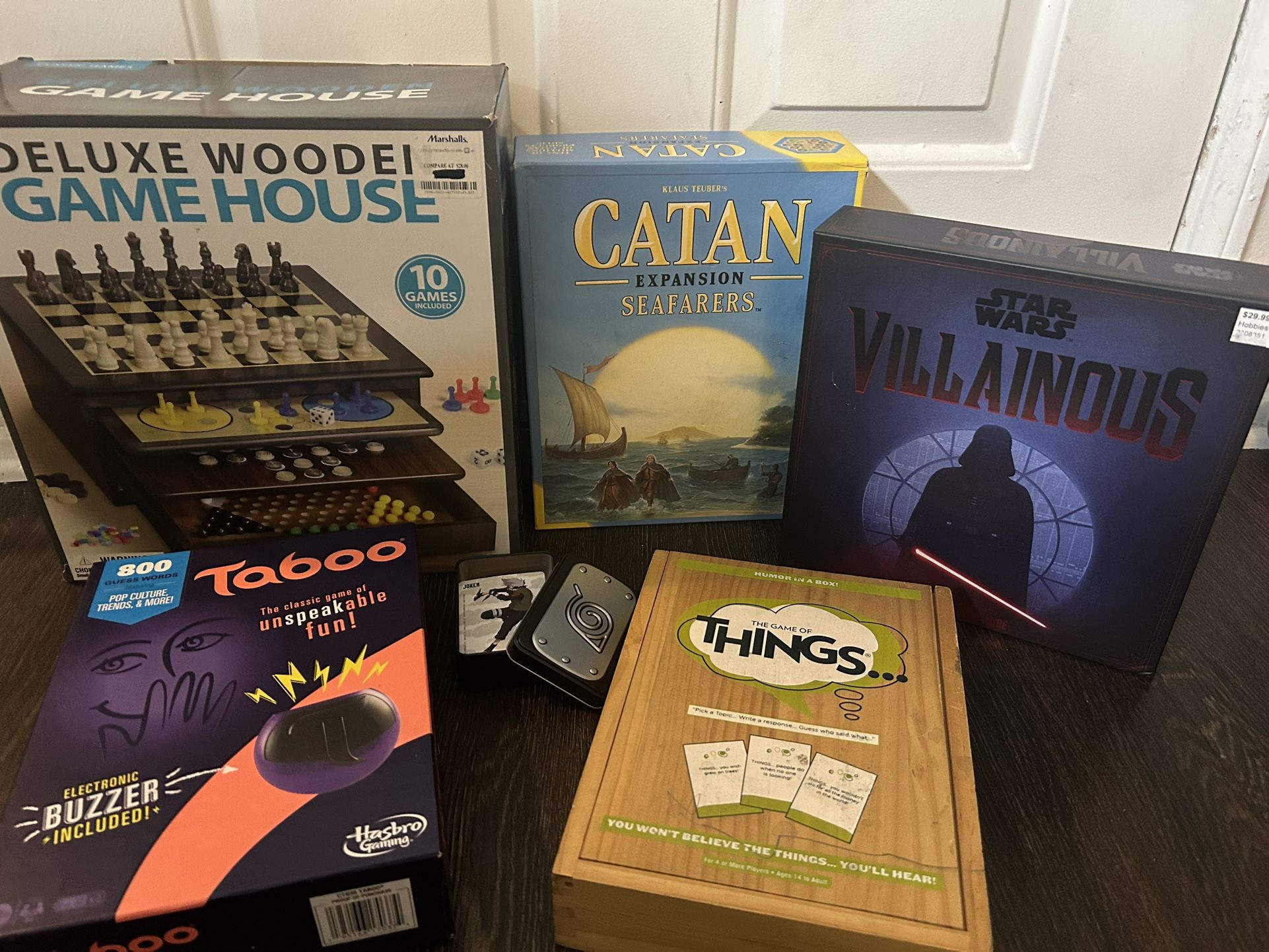 Board Games- Catan, Villanous, Things, Taboo, Naruto Cards, Wooden House