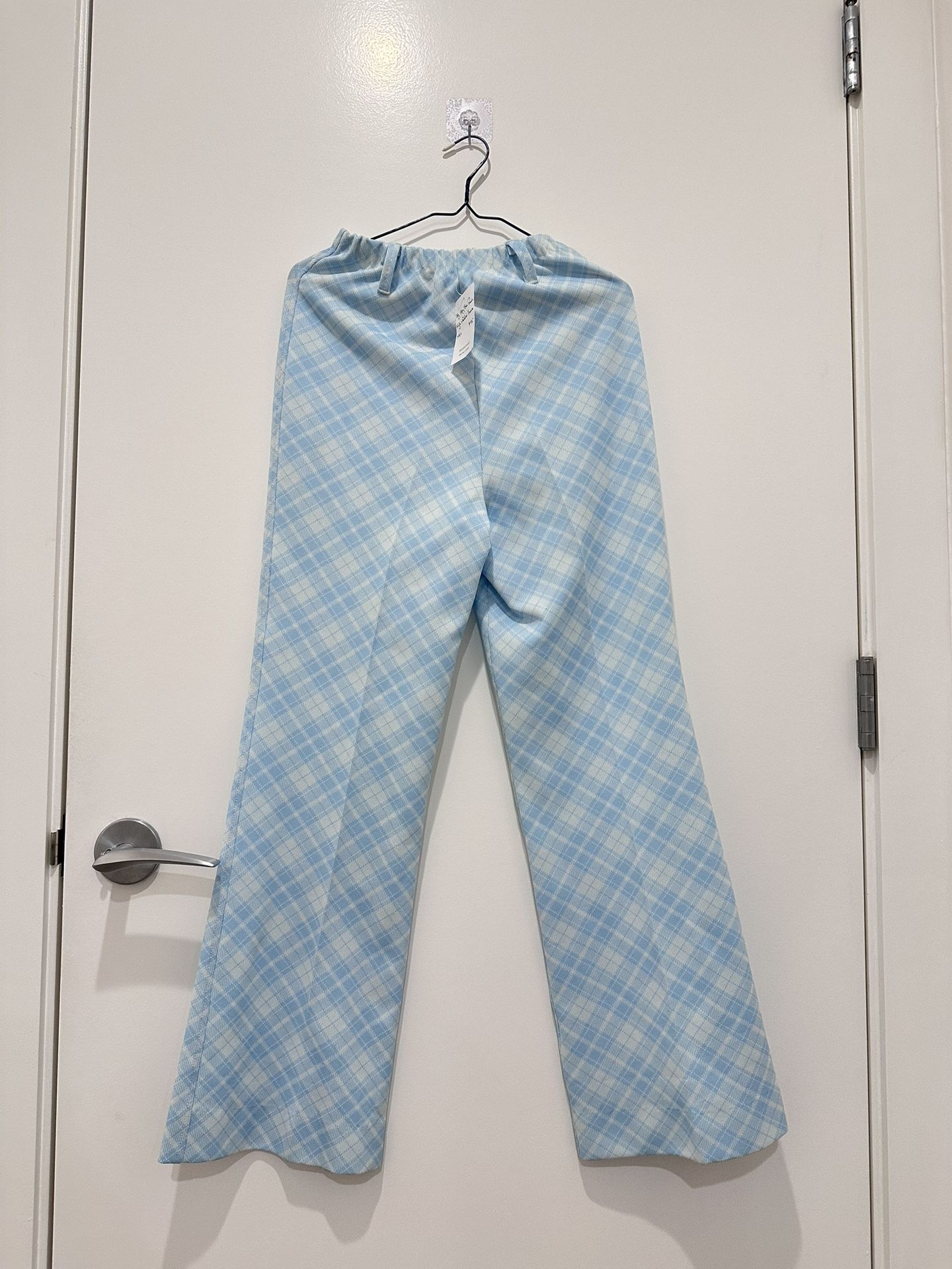 Vintage 70s Pastel Blue Pink Plaid Polyester Cropped Flare Pants Trousers
