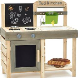 Mud Kitchen for Kids, Outdoor Play Pretend Kitchen with Faucet Chalkboard Stoves Removable Sink Cooking Accessories