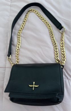 Pour La Victoire 100% cowhide leather gold logo and gold chain crossbody shoulder bag purse, size 6x5