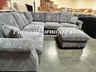 NEW Corner Sectional Sofa and Ottoman Set Dark Grey Fabric Couch Ashley IKEA Style Big Discount Warehouse Furniture SALE, Corduroy Sectional Black