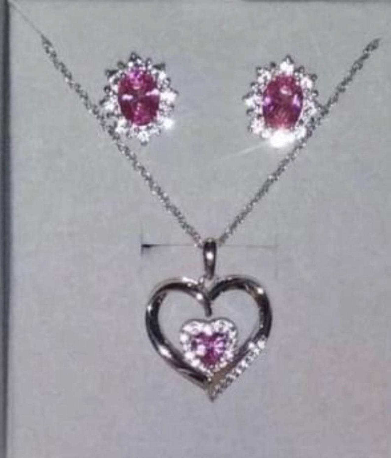 Sterling Silver Necklace & Earring Set W/pink Stone & Diamond Accents