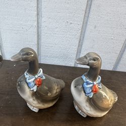 Vintage Grey Geese in Blue Bow Rose Salt and Pepper Shakers