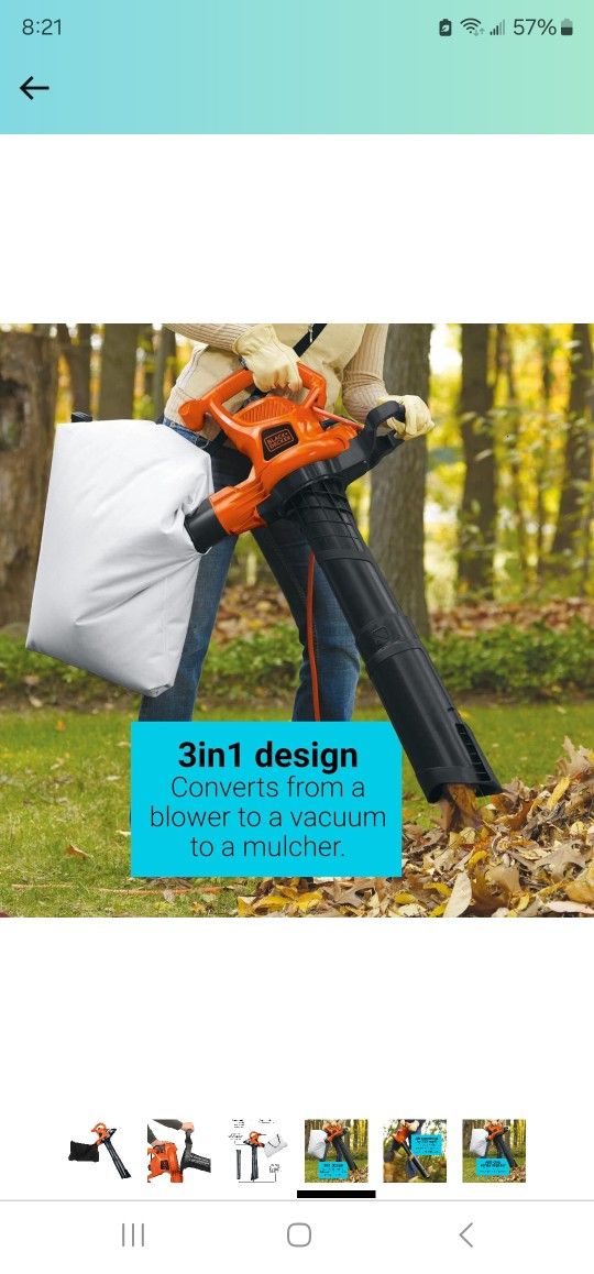 BLACK+DECKER 3-in-1 Leaf Blower, Leaf Vacuum and Mulcher, Up to 230 MPH, 12 Amp, Corded Electric 