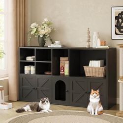 New Cat Litter Box Enclosure for 2 Cats, Litter Box Furniture Hidden w/Double Room, Cat House, Black