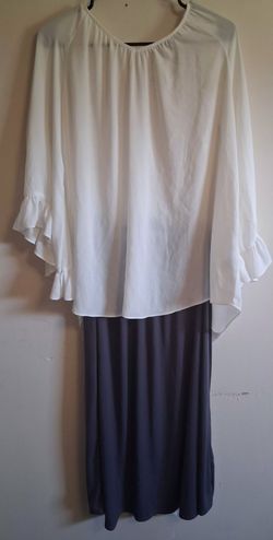White Ruffle Sleeve Blouse and Navy Maxi Skirt