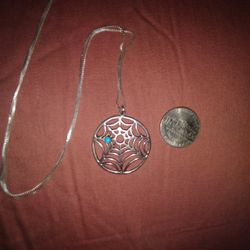 Sterling Silver SPIDER WEB Pendant with Turquoise on Liquid Silver Necklace * 18" long, Pendant is 1 1/2" x 1 1/8" * tested Sterling * Navajo 