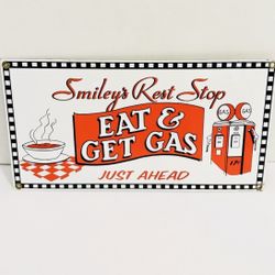 Vintage 1996 Smiley's Rest Gas Stop Porcelain Metal Sign 