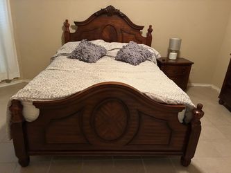 Traditional Wood Bed Frame with Carved Headboard