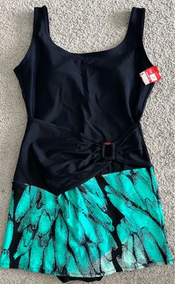 NWT Women's Turquoise & Black Tropical Print Swimdress - Size 10
