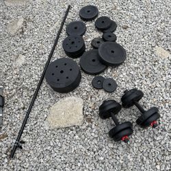 Vinyl Weight Plate Set -Straight Bar and Adjustable Dumbbell Pair