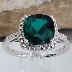 ❤️May Birthstone - 14k Size 7, Solid White Gold Cushion Cut Emerald and Genuine Diamonds Ring – Anillo de Oro Esmeralda y Diamantes