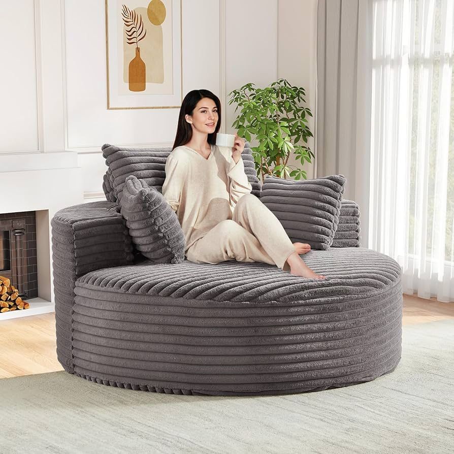 Oversized Round Chaise Longue Chair Indoor, Modern 55-inch Upholstered Corduroy Deep Seat Circle Single Cloud Lounge Floor Sofa Chair for Living Room,
