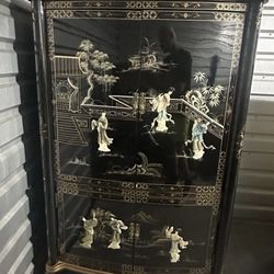 Chinese Black Lacquer Wedding Chest - Mother of Pearl figure accents