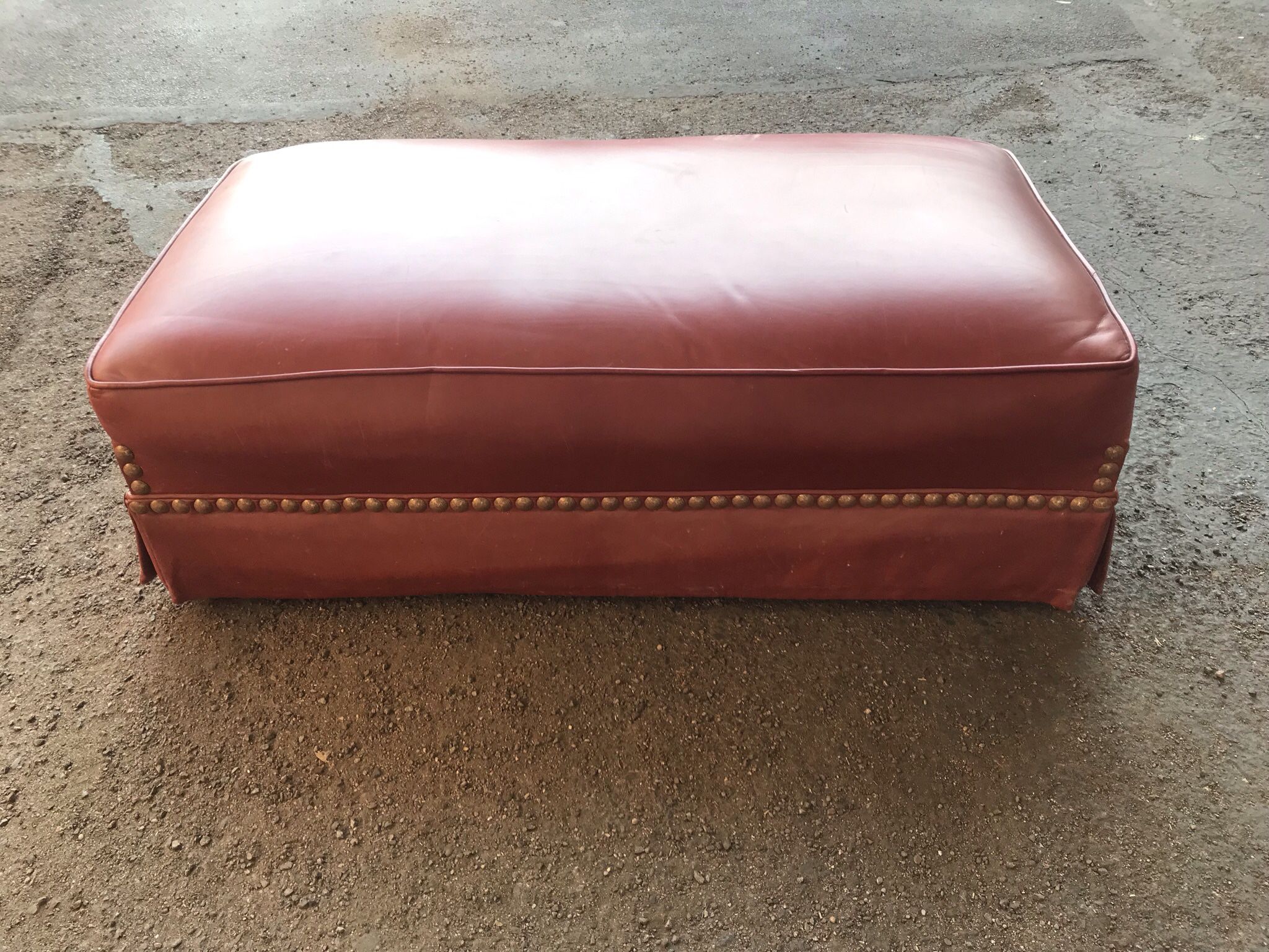 Burgundy Red Leather Ottoman With Brass Seeds