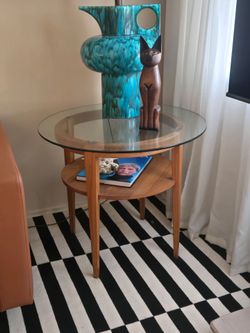 MCM side table, wood base, glass top