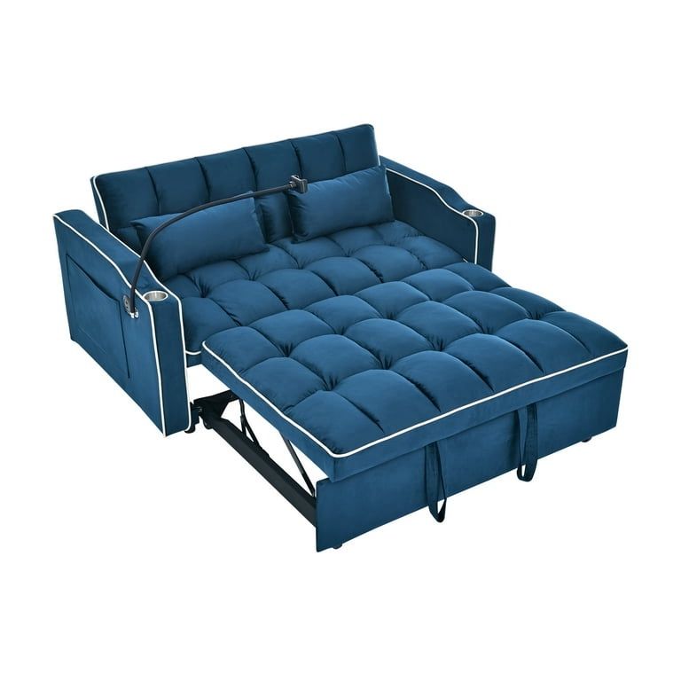 Joqixon 3 in 1 Convertible Velvet Sofa Bed with Pull Out Coach Bed, Adjustable Backrest, Loveseat Futon Sofa with USB Ports, 2 Cup Holders & Storage P