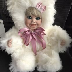 White Teddy Bear Baby Doll With Pink Bows $10
