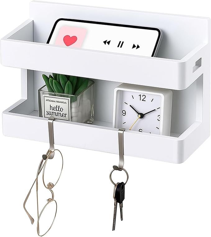 Floating Wall Mounted Wooden Shelf Double Tray. Storage Shelf W/ Hooks Floating Organizer. White Wood. 