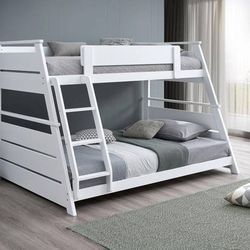 **SALE** Twin over Full Bunk Bed with Attached Ladder in White Finish