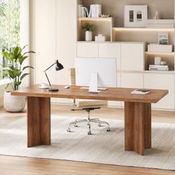 63-inch Executive Desk, Vintage Home Office Computer Desk with Large Tabletop, Farmhouse Wood Writing Conference Table Workstation for Office, Study,