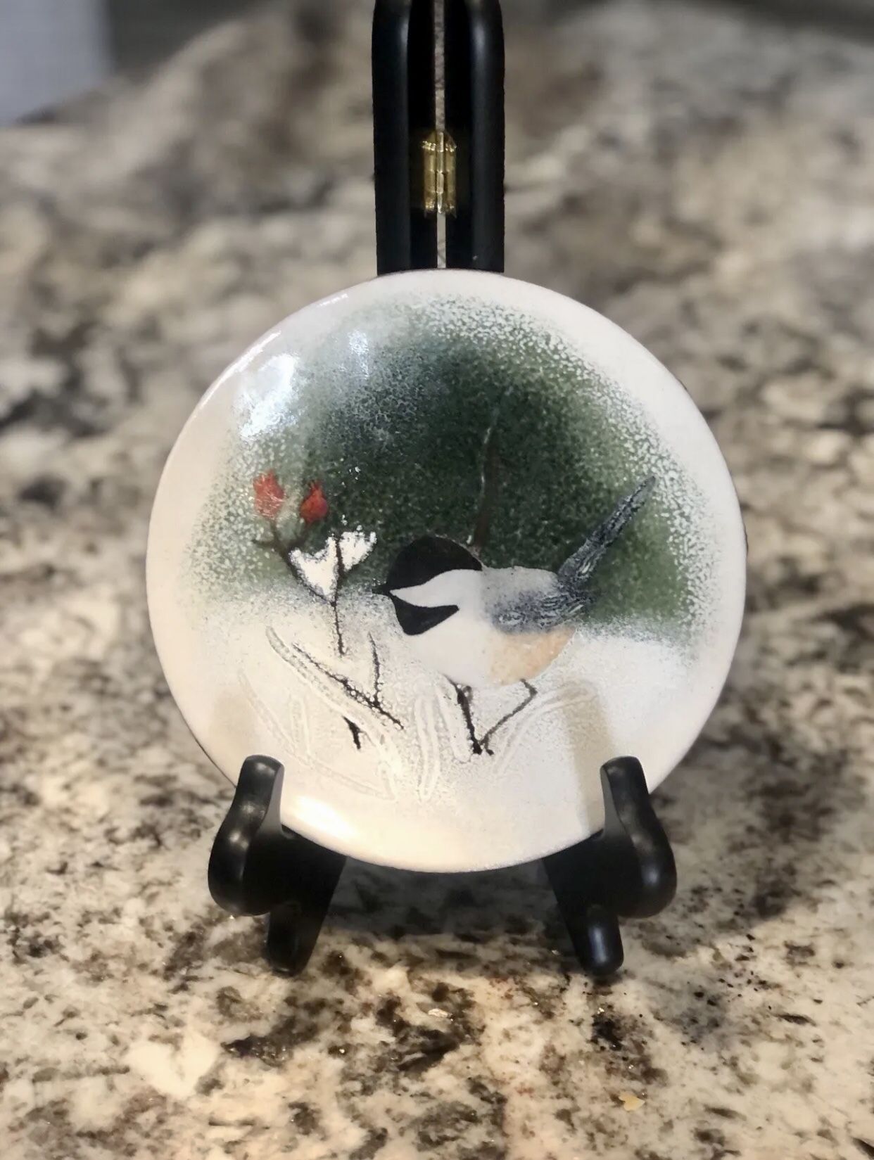 NORMAN BRUMM Enamel On Copper 6" Plate Winter Snow CHICKADEE Bird Signed
