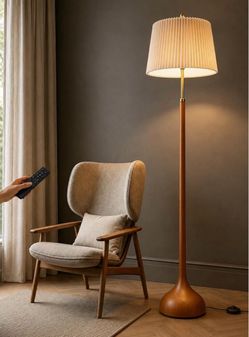 Mid Century Modern Wood & Brushed Brass Floor Lamp with Remote