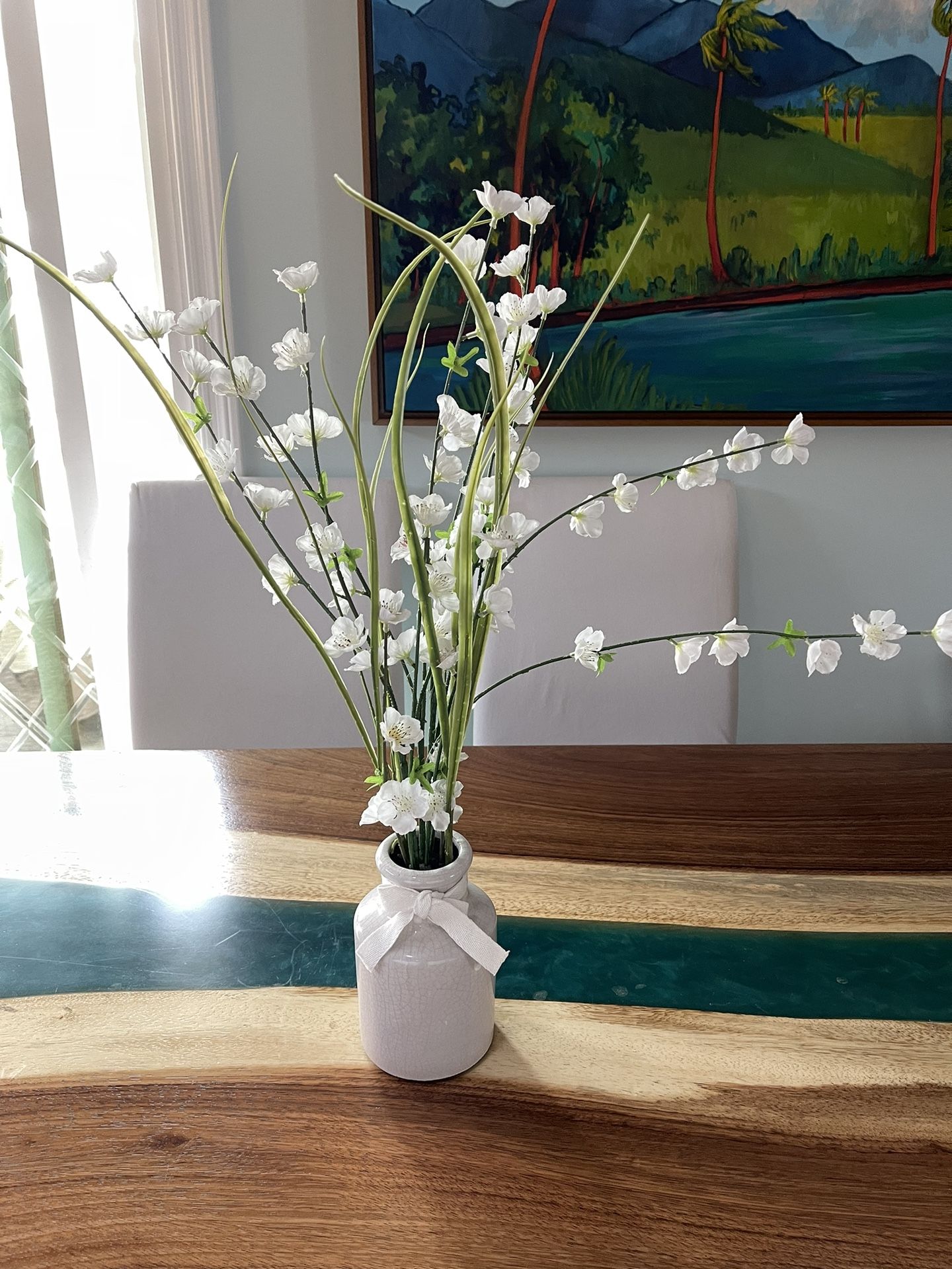 Tall White Flower Arrangement In Light Grey Vase