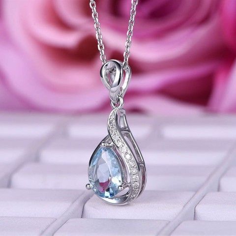 "Elegant Water Drop Zircon Light Blue Hollow Pear Silver Plated Necklace, EVGG1011
 
