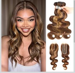 🔥Brand new 🔥 Honey Blonde Highlight HD Lace Closure with 3 Bundles Human Hair 18 20 22 +18 12A Virgin Ombre Brown Body Wave Bundles with Kim K Long